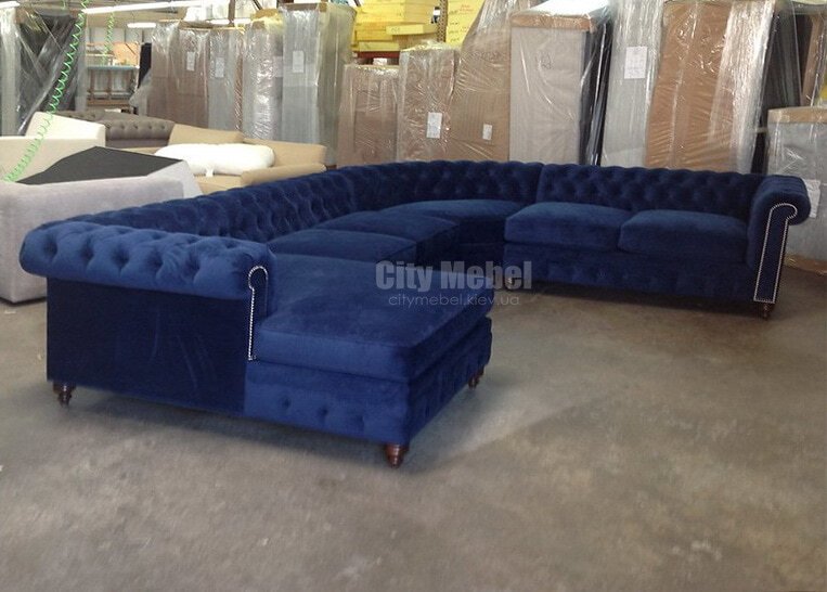 Синий п образный диван