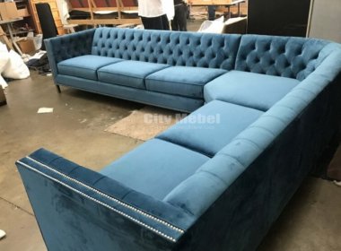 Большой классический диван угловой синий